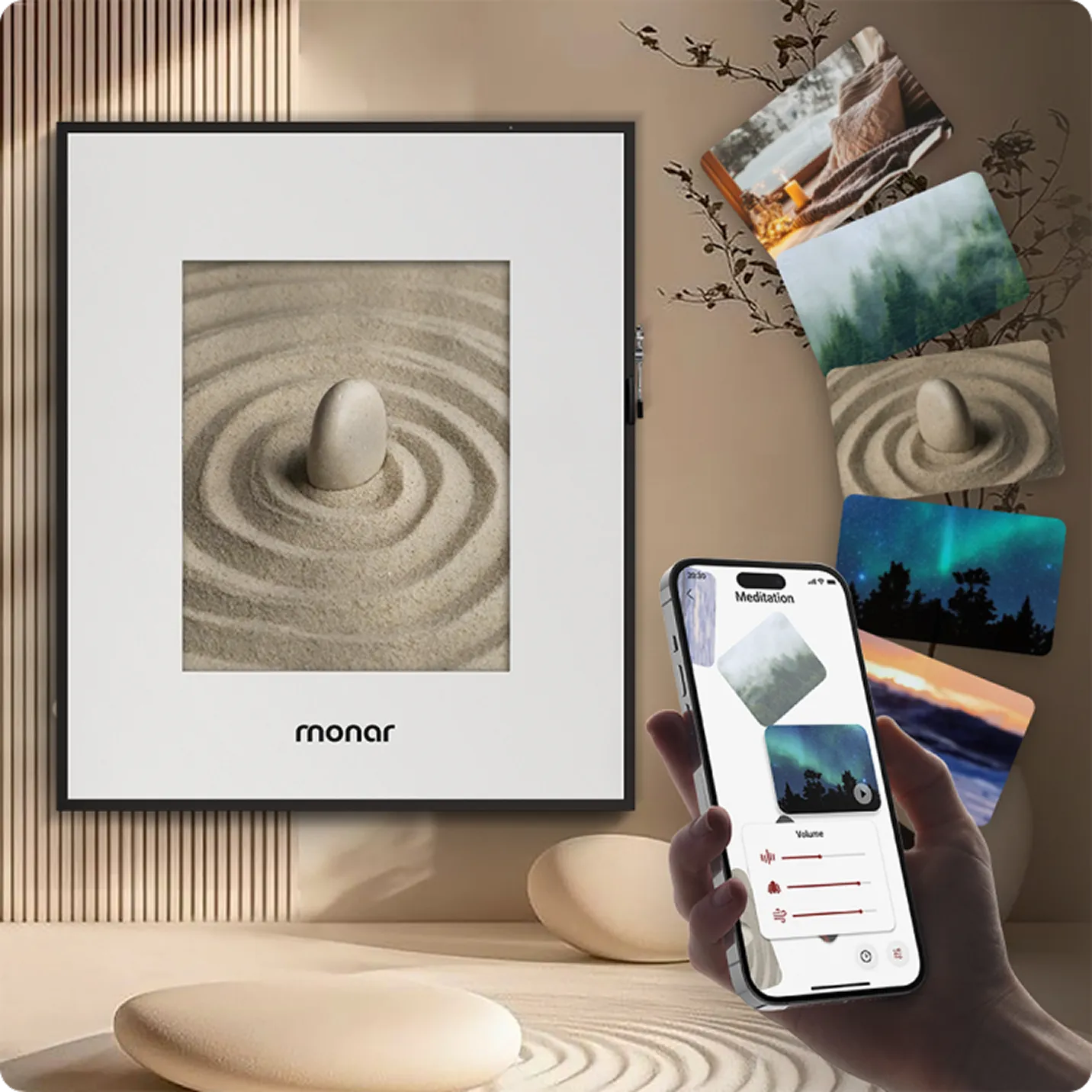 Monar speaker displaying meditation scene
