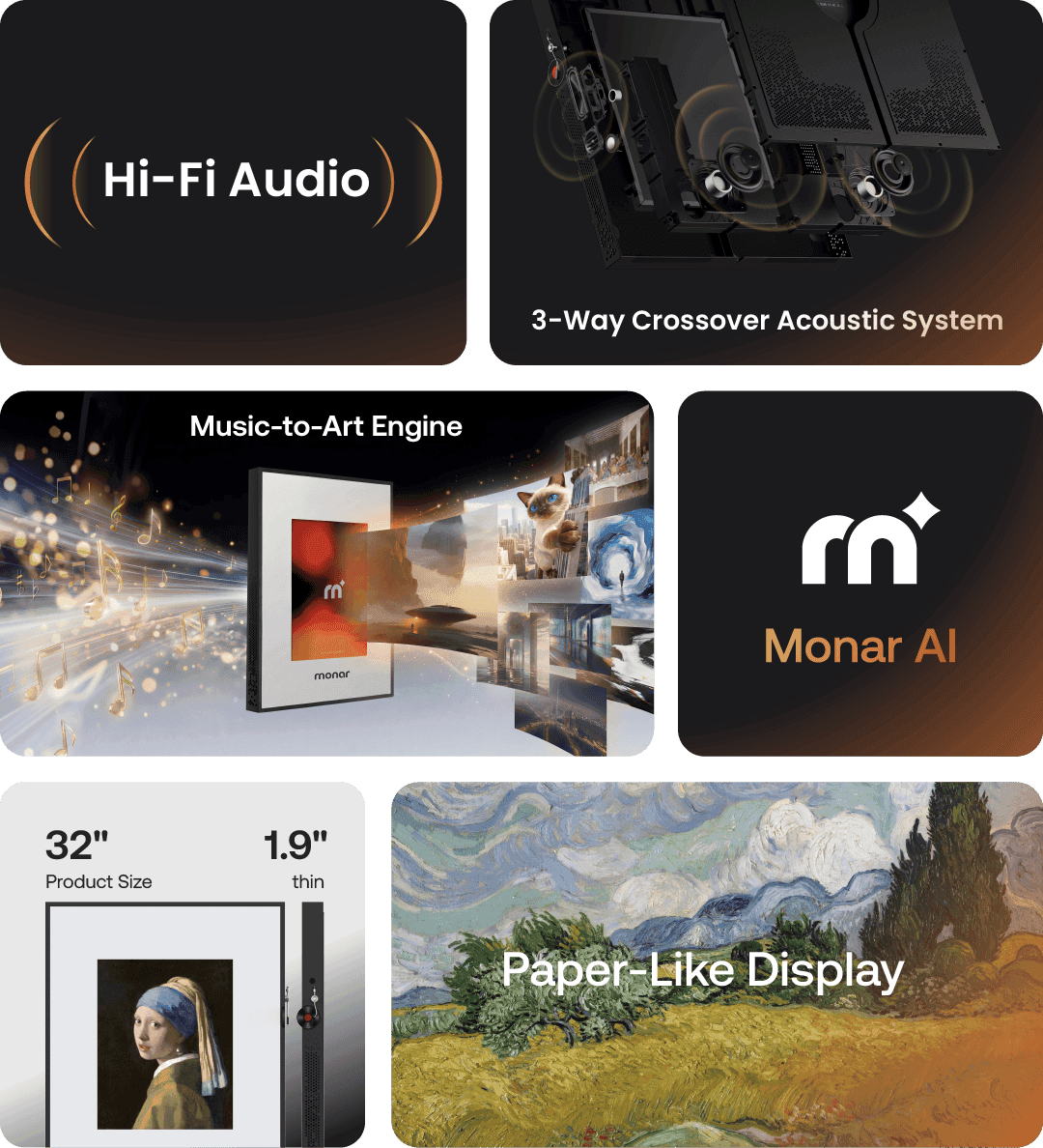 Monar Features: Hi-Fi Audio, 3-Way Crossover Acoustic System, 32-inch 4.9cm thin Profile, Music-to-Art Engine, Monar AI, and Paper-Like Display